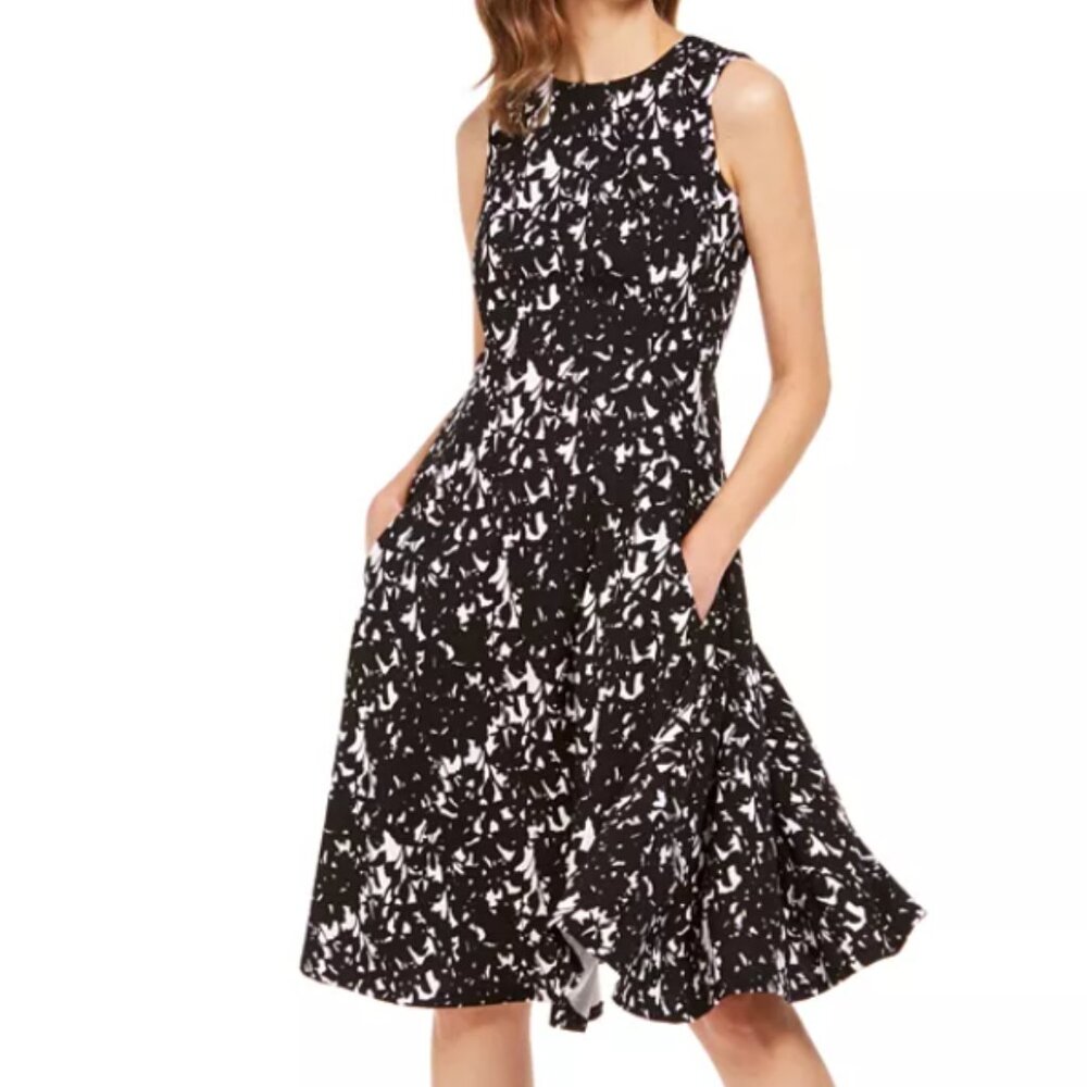 Calvin Klein Black & White Abstract Print Midi Dress